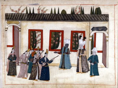苏丹拜访了太监的母亲和酋长。 来自“土耳其纪念馆”（codex Cicogna 1971“Memorie Turchesche”）的缩影，来自 17 世纪威尼斯画派的水彩画。 作者 威尼斯人学校