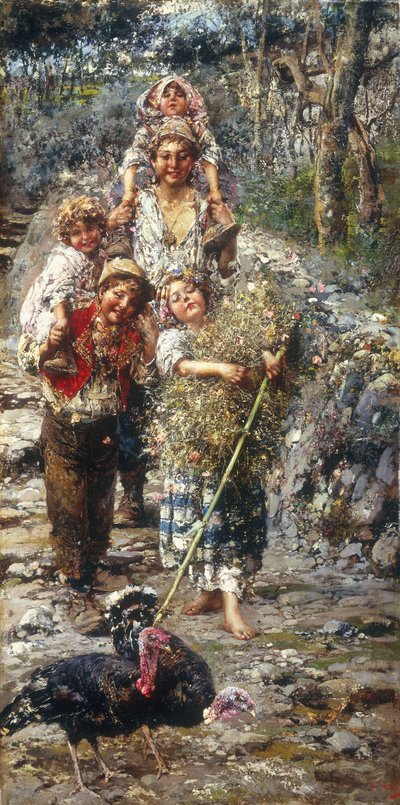 带有火鸡的儿童（布面油画） 作者 Vicenzo Irolli