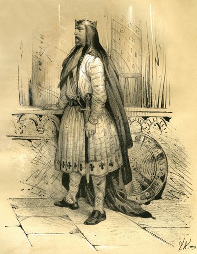 头发的克洛迪翁，约 428 年至 447 年去世的 Salians Francs 领袖，可能是梅罗文尼亚人的祖先。维克多-亚当（Victor Adam，1801-1866 年）在阿尔当兄弟于 1 世纪中叶出版的《中世纪的法国》一书中绘制的版画。 作者 维克多·亚当
