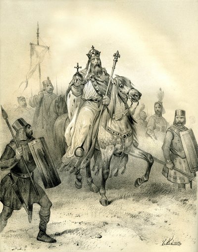 查理曼大帝手持权力徽章，率领身着盔甲的士兵驰骋疆场。维克多-亚当（Victor Adam，1801-1866 年）在 19 世纪中叶阿尔当兄弟出版的《中世纪的法国》一书中绘制的版画。 作者 维克多·亚当