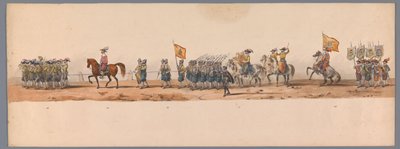 乌特勒支大学第二个百年庆典的历史庆典，1836 年（图版 7）
1600 年 7 月 3 日，尼乌波尔特战役胜利后的第二天，荷兰军队前往奥斯坦德的游行队伍；根据 H H Student 提供的服装表现形式 作者 卡拉梅利和公司