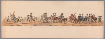 1836 年乌特勒支大学第二个百年庆典上的历史庆典（图版 8）
1600 年 7 月 3 日，尼乌波尔特战役胜利后的第二天，荷兰军队前往奥斯坦德的游行队伍；根据 H H Student 提供的服装表现形式 作者 卡拉梅利和公司
