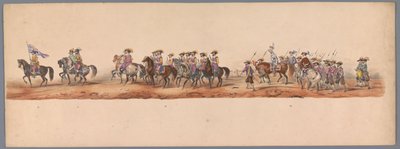 1836 年乌特勒支大学第二个百年庆典上的历史庆典（图版 5）
1600 年 7 月 3 日，尼乌波尔特战役胜利后的第二天，荷兰军队前往奥斯坦德的游行队伍；根据 H H Student 提供的服装表现形式 作者 卡拉梅利和公司