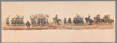 1836 年乌特勒支大学第二个百年庆典上的历史庆典（图版 9）
1600 年 7 月 3 日，尼乌波尔特战役胜利后的第二天，荷兰军队前往奥斯坦德的游行队伍；根据 H H Student 提供的服装表现形式 作者 卡拉梅利和公司