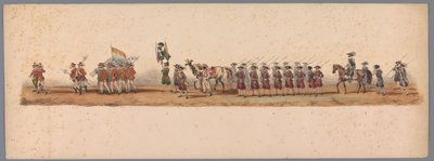 1836 年乌特勒支大学第二个百年庆典上的历史庆典（图版 3）
1600 年 7 月 3 日，尼乌波尔特战役胜利后的第二天，荷兰军队前往奥斯坦德的游行队伍；根据 H H Student 提供的服装表现形式 作者 卡拉梅利和公司