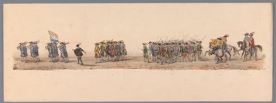 1836 年乌特勒支大学第二个百年庆典上的历史庆典（图版 4）
1600 年 7 月 3 日，尼乌波尔特战役胜利后的第二天，荷兰军队前往奥斯坦德的游行队伍；根据 H H Student 提供的服装表现形式 作者 卡拉梅利和公司