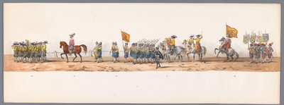 乌特勒支大学第二个百年庆典的历史庆典，1836 年（图版 7）
1600 年 7 月 3 日，尼乌波尔特战役胜利后的第二天，荷兰军队前往奥斯坦德的游行队伍；根据 H H Student 提供的服装表现形式 作者 卡拉梅利和公司