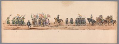 1836 年乌特勒支大学第二个百年庆典上的历史庆典（图版 9）
1600 年 7 月 3 日，尼乌波尔特战役胜利后的第二天，荷兰军队前往奥斯坦德的游行队伍；根据 H H Student 提供的服装表现形式 作者 卡拉梅利和公司