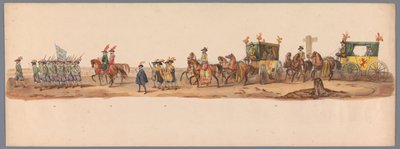 1836 年乌特勒支大学第二个百年庆典上的历史庆典（图版 6）
1600 年 7 月 3 日，尼乌波尔特战役胜利后的第二天，荷兰军队前往奥斯坦德的游行队伍；根据 H H Student 提供的服装表现形式 作者 卡拉梅利和公司