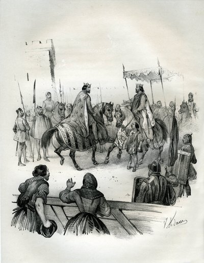 1023年，德意志皇帝亨利二世（Henri 2，被称为跛子和圣人，973-1024年）（巴维耶公爵和日耳曼国王）与法国国王罗贝尔二世（Robert 2 the Pieux，996-1031年）会面。罗伯特是于格-卡佩的儿子，卡佩于公元 976 年加冕为法国国王。 作者 维克多·亚当