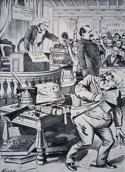 格罗弗-克利夫兰（Grover Cleveland，1837-1908）讲述了他私人生活的真相，而他的对手詹姆斯-布莱恩（James Blaine，1830-93）则被描绘成腐败分子。 作者 维克多·吉拉姆