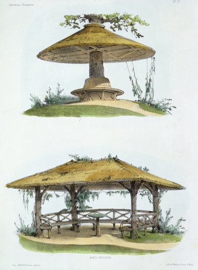 乡村长椅，来自&39;Habitations Champetres&39;，出版于1985年（彩色石版画） 作者 维克多·让·巴蒂斯特·珀蒂（Victor Jean Baptiste Petit）