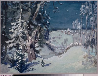 尼古拉（尼古拉）-里姆斯基-科萨科夫（里姆斯基-科萨科夫）（1844-1908 年）歌剧《雪姑娘》的舞台设计 雪景中的村庄，夜晚 - 维克多-米的作品 作者 维克多。