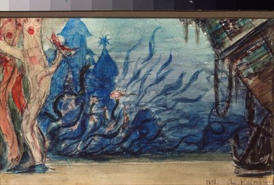 尼古拉（尼古拉）-里姆斯基-科萨科夫（里姆斯基-科萨科夫）（1844-1908 年）的歌剧《萨德科》的舞台设计（尼-里姆斯基-科萨科夫的歌剧《萨德科》的舞台设计）海景 - 维克多-米哈伊洛维奇-瓦斯涅佐夫（1848-1926 年）的作品，铅笔和水彩画 作者 维克多。