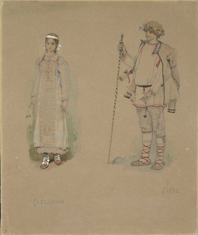 雪少女和Lel。 N. Rimsky-Korsakov的歌剧《雪少女》的服装设计，1885年 作者 维克托·米哈伊洛维奇·瓦斯涅佐夫