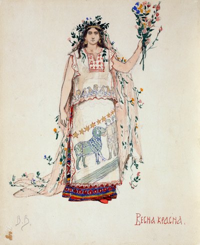 春天的美丽。 N. Rimsky-Korsakov的歌剧《雪少女》的服装设计，1885年 作者 维克托·米哈伊洛维奇·瓦斯涅佐夫