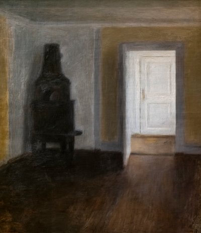 白门（有旧炉子的室内）。 作者 威廉·哈默肖伊