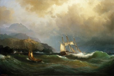 一艘护卫舰在岩石海岸上张牙舞爪 作者 维尔赫姆·梅尔比（Vilhelm Melbye）