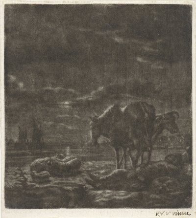 夜景与熟睡的牧羊人和牛群 作者 文森特·劳伦斯。 van der Vinne (I)（拒绝归属）