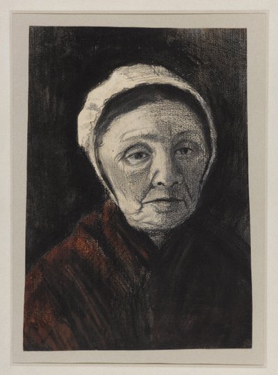 Scheveninger帽子的一位老妇人的头，1882-83（纸上的木炭，黑色和棕色粉笔） 作者 文森特·梵高