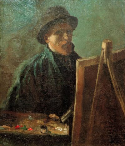 自画像，在画架前戴着一顶黑帽子 作者 文森特·梵高