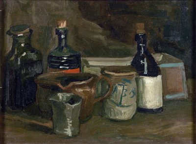 有瓶子和陶器的静物画，梵高，文森特，面包车（1853-1890 年）。 布面油画，尺寸：31,5x41,8 作者 Vincent van Gogh