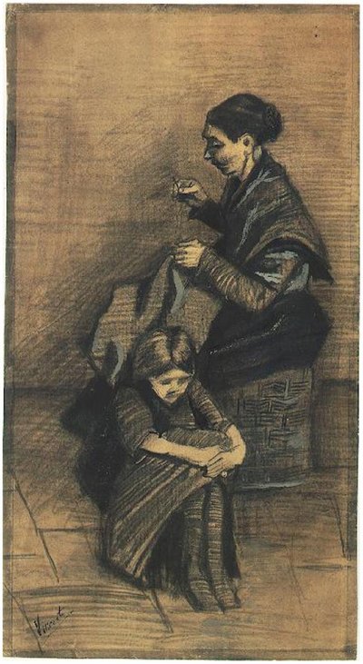 Sien，-Sitting-on-a-Basket，-with-a-Girl F1072 Vincent van Gogh 作者 文森特·梵高