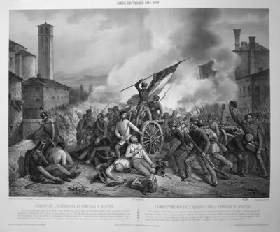 1848年10月27日，在1848-9年围攻威尼斯期间，位于梅斯特雷的阿尔贝戈-德拉-坎帕纳战役（石印）。 作者 文森佐（后）贾科梅利