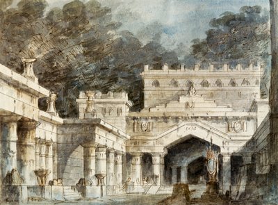弗朗西斯科·巴尼亚拉 (Francesco Bagnara) 为文森佐·贝里尼 (1801-1835) 创作的歌剧《诺尔玛》第五场设计，在威尼斯凤凰剧院上演 作者 文森佐·贝里尼
