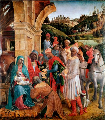 文森佐·福帕 (Vincenzo Foppa)（约 1427-1515 年）的《贤士的崇拜》画作 239x210 厘米伦敦，国家美术馆 - 国王的崇拜，文森佐·福帕 (Vincenzo Foppa) （c.1427-c.1515）。 杨树油画，239x210 厘米，约 1500 年。 国家美术馆，伦敦，英国 作者 文森佐·福帕（Vincenzo Foppa）