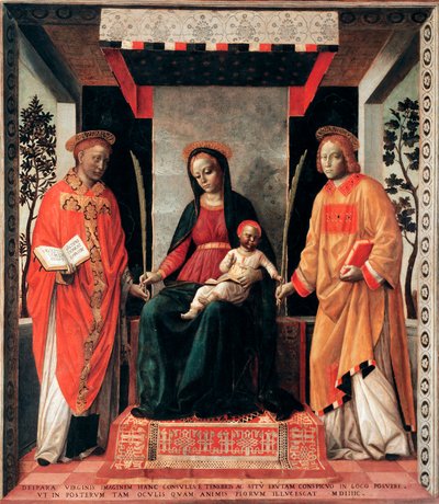 Virgin and Child 被 Saints Faustin 和 Giovita 包围（布雷西亚的 Faustino 和 Giovita 赞助人） Vincenzo Foppa 的绘画（约 1427-约 1515 年）布雷西亚，Pinacoteca Tosio Martinengo 意大利 作者 文森佐·福帕（Vincenzo Foppa）