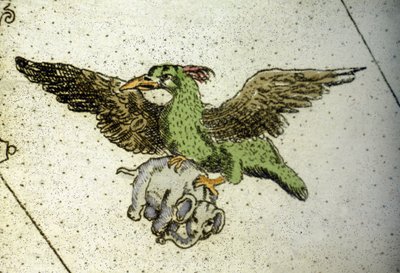 巨鸟Rok在它的温室之间扛着一头大象给它的孩子吃，Vincenzo coronelli（1650-1718）的世界地图的细节。17世纪 作者 文森佐·玛丽亚·科罗内利