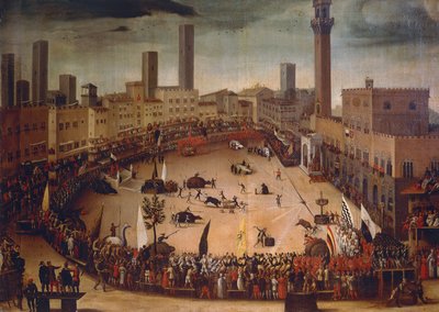 1546 年在坎波广场狩猎斗牛，大约 1585 年，文森佐·鲁斯蒂奇（Vincenzo Rustici，1556-1632 年）作画，布面油画 作者 文森佐·鲁斯蒂奇（Vincenzo Rustici）