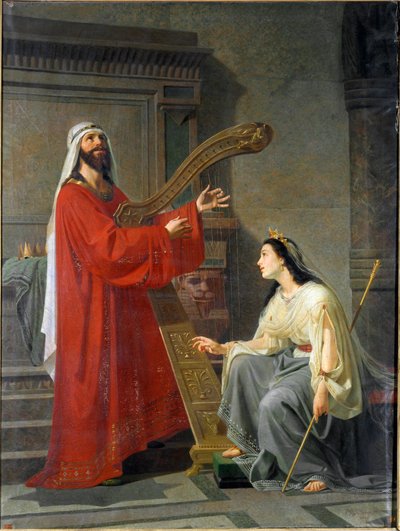 大卫和米科尔 大卫王弹奏竖琴。维吉妮奥-格拉纳（Virginio Grana，约 1830-1888 年）19 世纪的绘画作品，太阳。243x182 厘米 热内卢，Accademia Ligustica di Belle Arti，inv.468 作者 Virginio Grana