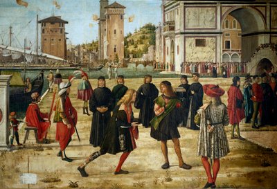 Cycle of the life of Saint Ursula (Breton princess). Third episode: the return of the Ambassadors to the King of England. Detail representing the Ambassadors. Extract from the legende doree by Jacques de Voragine (ca. 1228-1298). Painting by Vittore Scarpa 作者 维托雷·卡尔帕乔