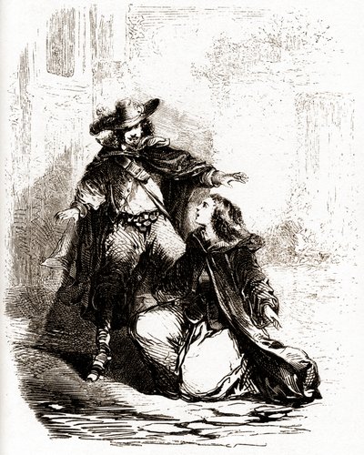 达达尼昂追赶康斯坦丝-博纳歇（Constance Bonacieux），康斯坦丝跪倒在地 作者 维旺（之后）博斯