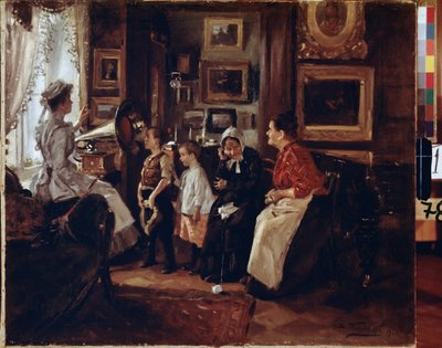 Au gramophone.(在留声机旁）。弗拉基米尔-叶戈罗维奇-马科夫斯基（Makovsky, Makovsky）（1846-1920 年）的绘画，纸上水彩 作者 Vladimir Egorovic Makovsky