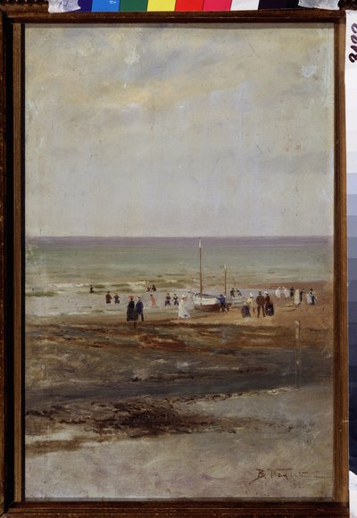 Sur la plage（海滩上）。弗拉基米尔-叶戈罗维奇-马科夫斯基（马科夫斯基，Makovsky）（1846-1920 年）的画作，纸上水彩 作者 弗拉基米尔·埃戈罗维奇·马科夫斯基