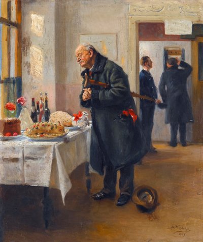 ""Un gastronome"" (Gastronomer) Un homme se frottant les mains devant un bon buffet - Peinture de Vladimir Makovsky (Makovski) (1846-1920) 作者 弗拉基米尔·埃戈罗维奇·马科夫斯基