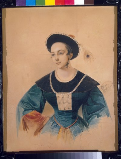 歌剧女高音安娜-斯捷潘诺娃（Anna Stepanova，1816-1838 年）在丹尼尔-奥贝尔（Daniel Auber，1782-1871 年）的《铜马》中饰演 Peki 一角时的肖像。(歌剧女高音安娜-斯捷潘诺娃（1816-1838 年）在丹尼尔-奥贝尔（1782-1871 年）的《青铜马》中扮演 Peki 一角的肖像）。弗拉基米尔-伊万诺维奇-豪（高）的作品（1816-1 作者 Vladimir Ivanovich Hau