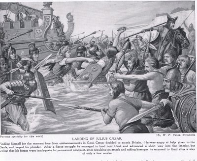 登陆朱利叶斯凯撒，“哈钦森的国家历史”插图，c.1910 作者 W.P. Caton Woodville