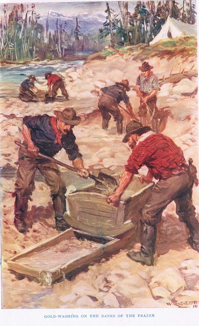 弗拉泽河畔的洗金活动，《加拿大的浪漫故事》插图（彩色石版画） 作者 WRS斯托特