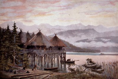 史前：皮埃尔时代的苏黎世湖畔的高跷村巴蒂。湖村，史前湖镇。摘自W. Kranz的画作 20世纪 作者 W.（之后）花圈