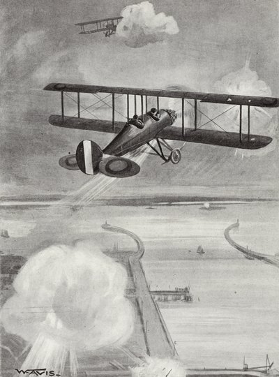 1915年1月23日，中队领导人理查德戴维斯和飞行中尉理查德佩尔希在Zeebrugge的潜艇上投下炸弹 作者 W·阿维斯
