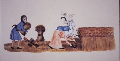 中世纪妇女收割玉米，取材于《路特雷尔诗篇》中的一个场景（彩色平印）。 作者 WG（后）塞耶