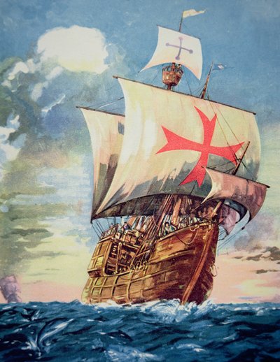 1492年，圣玛丽亚号将克里斯托弗-哥伦布带到美洲（彩色平版印刷）。 作者 WG（后）塞耶