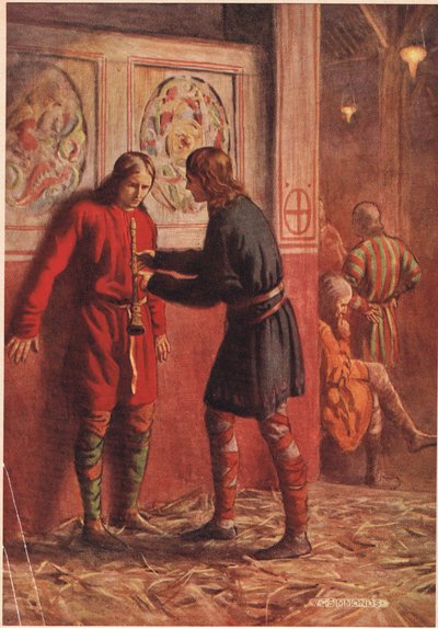 哈姆雷特试图让Guildenstern从1915年由Hodder und Stoughton出版的威廉·莎士比亚的“哈姆雷特”中扮演一个管子。 作者 普通股Simmonds