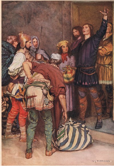 哈姆雷特欢迎来自Elsinore的旅行玩家，来自William Shakespeare的“Hamlet”，由Hodder und Stoughton于1915年出版的版本 作者 普通股Simmonds