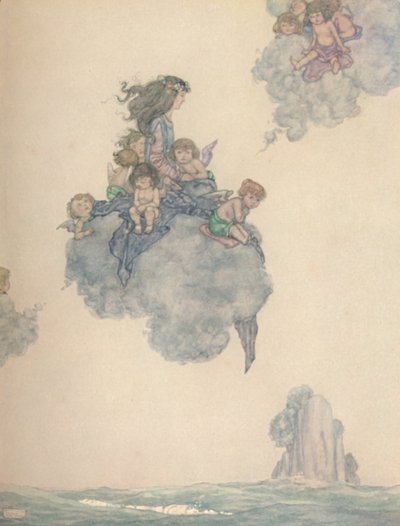 带着其余的空气孩子，在玫瑰色的云层上高高耸立，c1930 作者 威廉·希思·罗宾逊