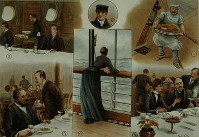 英吉利海峡下游，一些乘客晕船的影响，来自 "P & O Pencillings"，约1890年（石印）。 作者 劳埃德